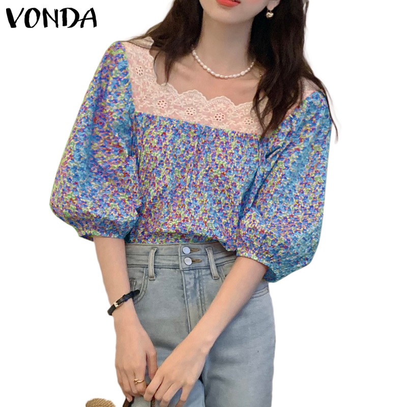 Áo kiểu VONDA tay ngắn phồng cổ vuông in hoa phong cách Hàn Quốc thời trang mùa hè cho nữ