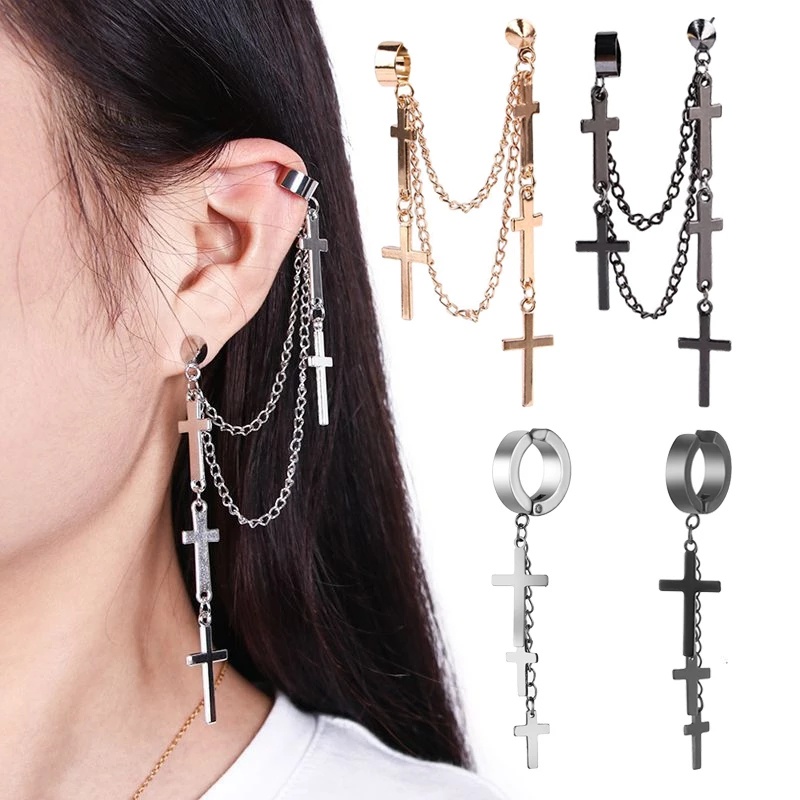 Khuyên Tai Dạng Kẹp Giả Xương Chéo Bằng Hợp Kim Kẽm Không Cần Xỏ Lỗ Phong Cách Gothic Thời Trang Cho Nam Và Nữ