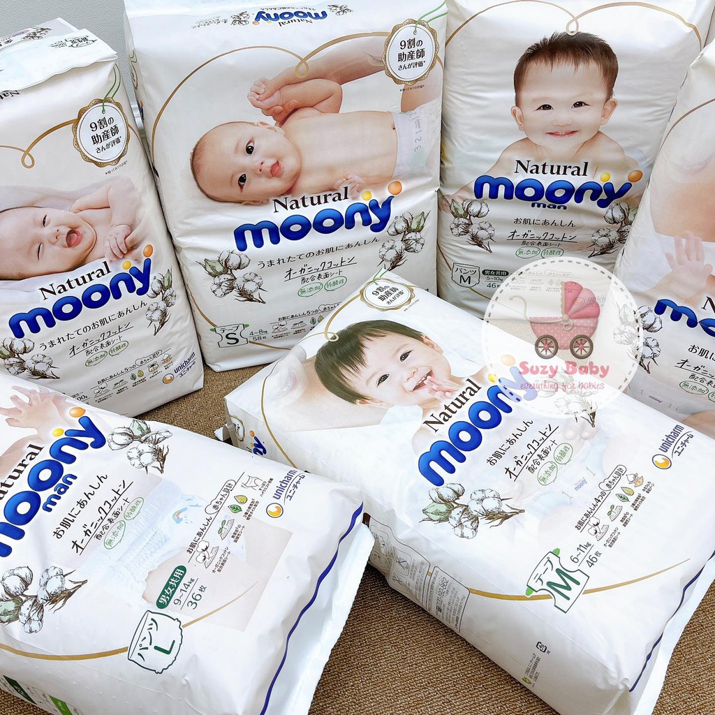 Bỉm Moony Natural trắng nội địa Nhật quần/dán size NB63/S58/M48/L36/XL32