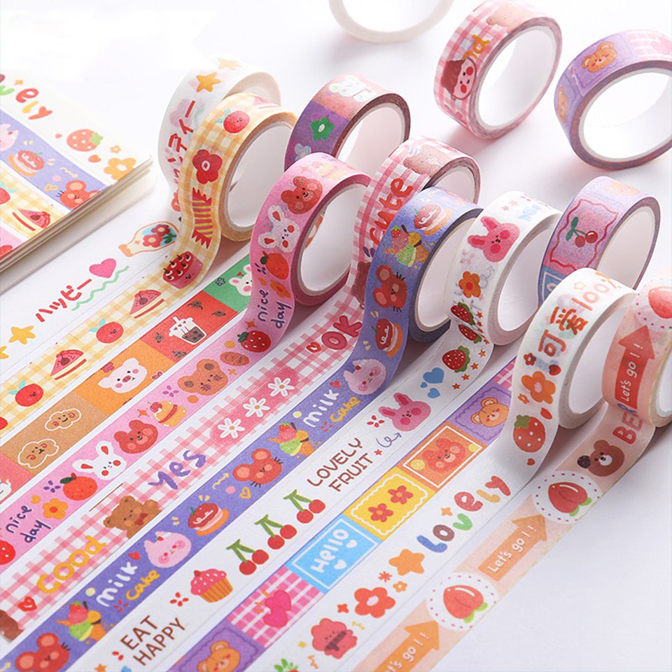 Washi tape cute chủ đề Bear Fruit nhiều màu sắc kèm hoạ tiết dễ thương dài 3m siêu tiết kiệm BmBooks