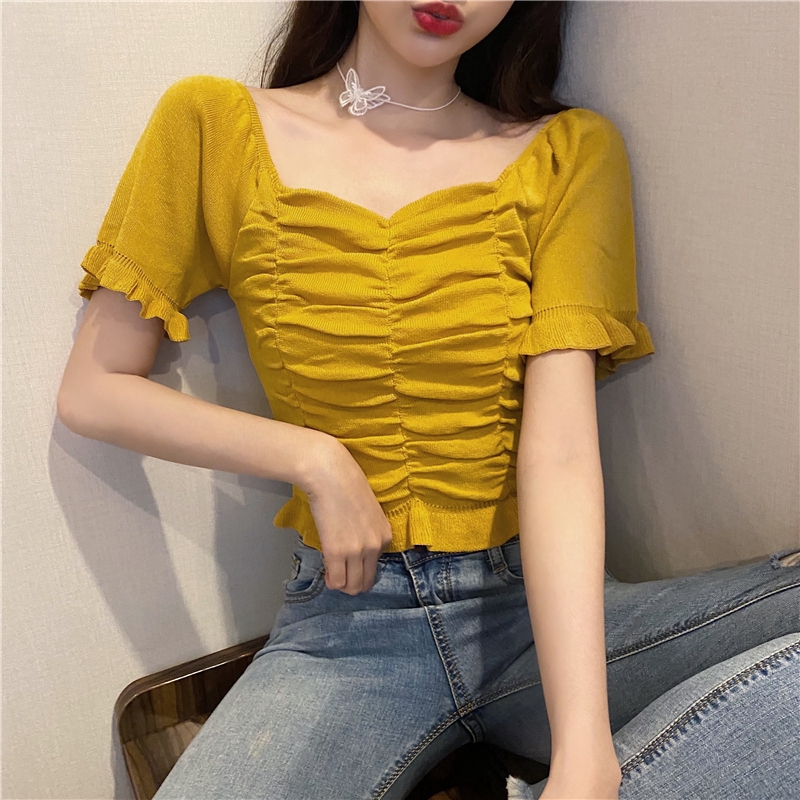 IELGY    Áo Thun Dệt Kim Ngắn Tay Hở Rốn Ôm Dáng Xếp Ly 7 Màu Sắc Tùy Chọn Cho Nữ