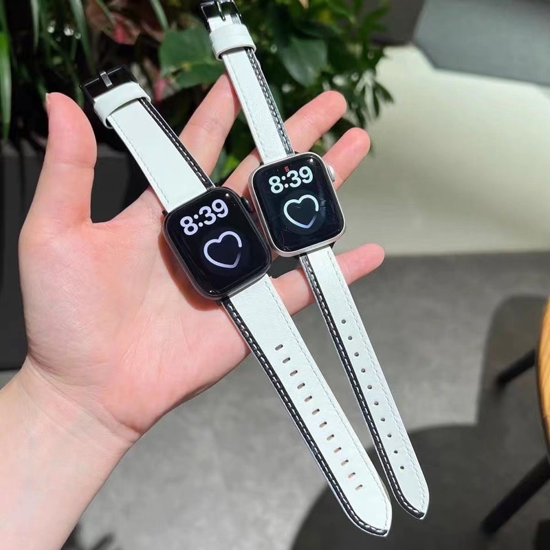 Dây Đeo Đồng Hồ Apple watch 7 6 5 4 3 2 1 SE Bằng Da Màu Trắng Đen Phong Cách Tối Giản Cho Nam Và Nữ
