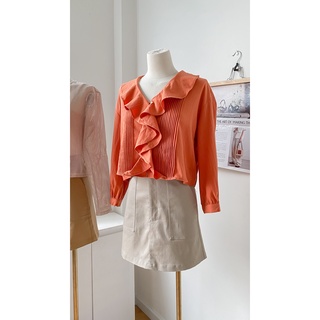 Áo somi tay dài cổ bèo xếp li màu cam lenclothing 864400