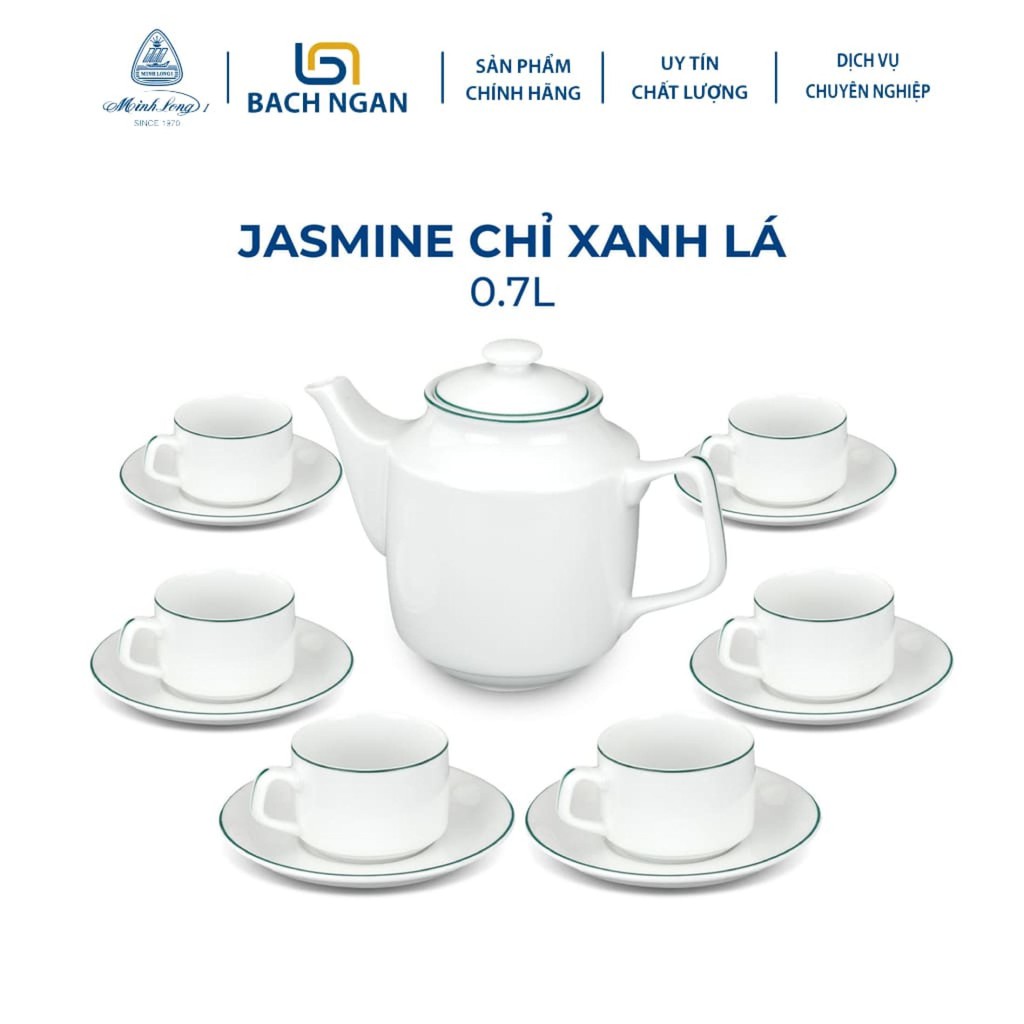 Bộ Ấm Trà Gốm Sứ Cao Cấp Minh Long 0.7 L - Jasmine - Chỉ Xanh Lá hàng đẹp, sang trọng đãi khách, quà tặng - 6 tách