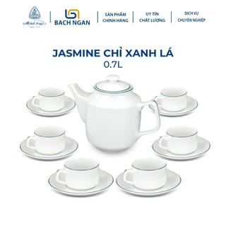 Bộ ấm trà gốm sứ cao cấp minh long 0.7 l - jasmine - chỉ xanh lá - gốm sứ cao cấp minh long i