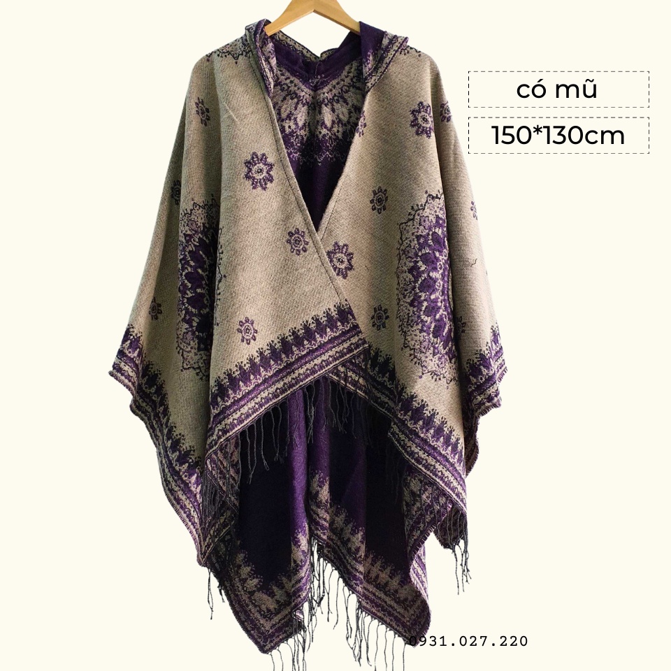 Áo choàng boho có mũ khăn choàng mùa đông size 150*130cm - Mã LE29  Lemon