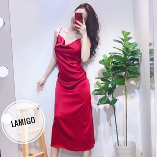 Váy maxi lụa satin 2 dây cổ đổ 5 màu