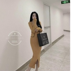 set đầm gân 2 dây hàng nút kèm áo khoác ngoài mềm mịn thu đông l