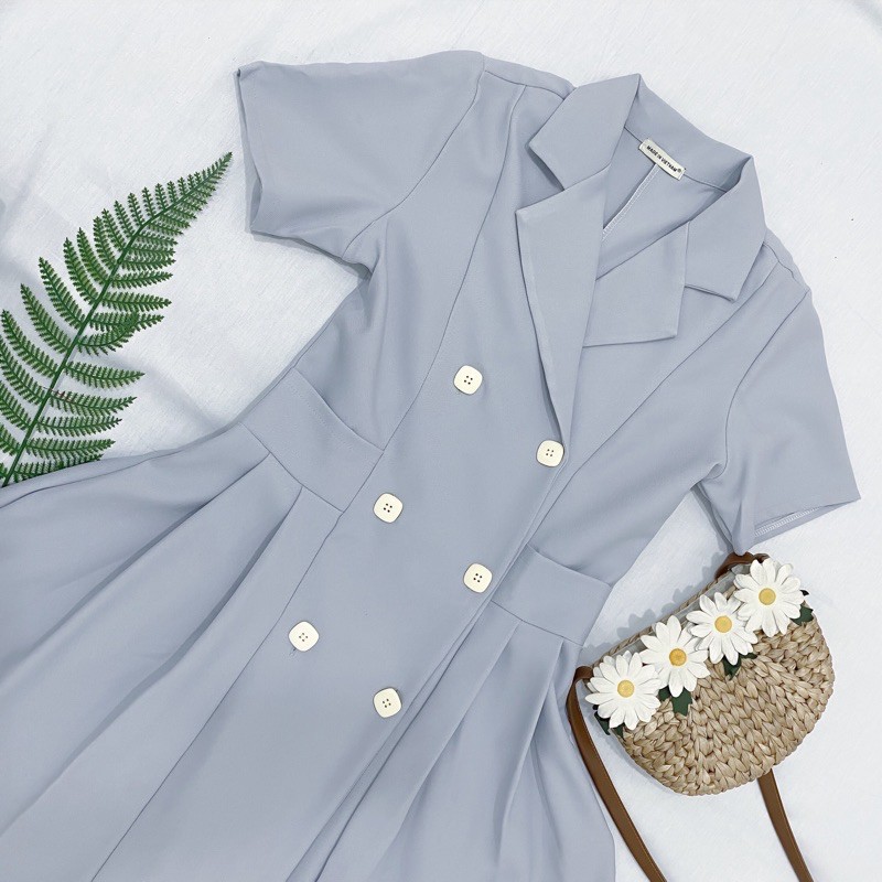 Đầm váy xám cổ vest xếp li