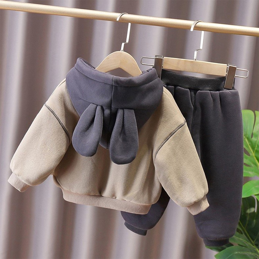 Bộ Nỉ Bông Có Mũ Tai Gấu Cho Bé , Bộ Mùa Đông Áo Khoác Có Mũ Bé Trai, Bé Gái Từ 6-28Kg - LILA KIDS