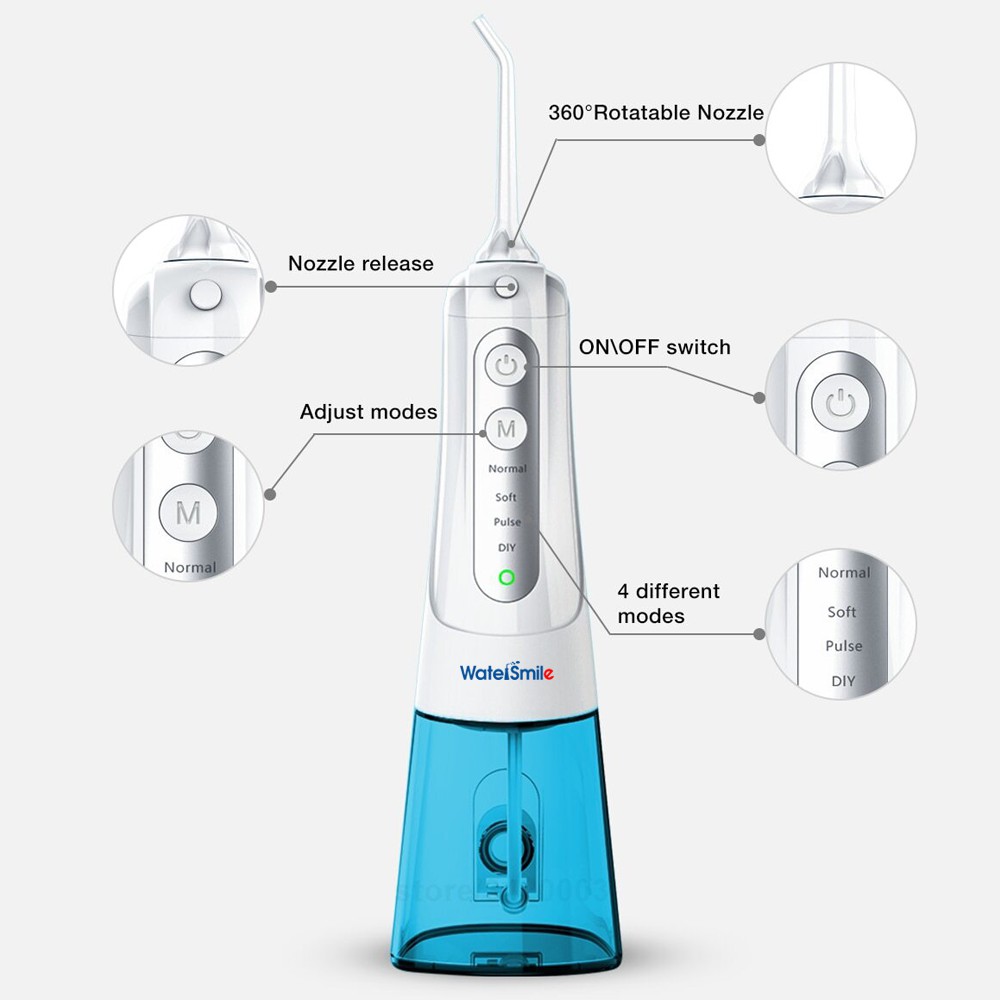 Máy Tăm Nước Cầm Tay WaterSmile WS-136 - Thương hiệu Mỹ - Bình nước lớn - 4 chế độ tiện lợi - 6 đầu tăm đi kèm