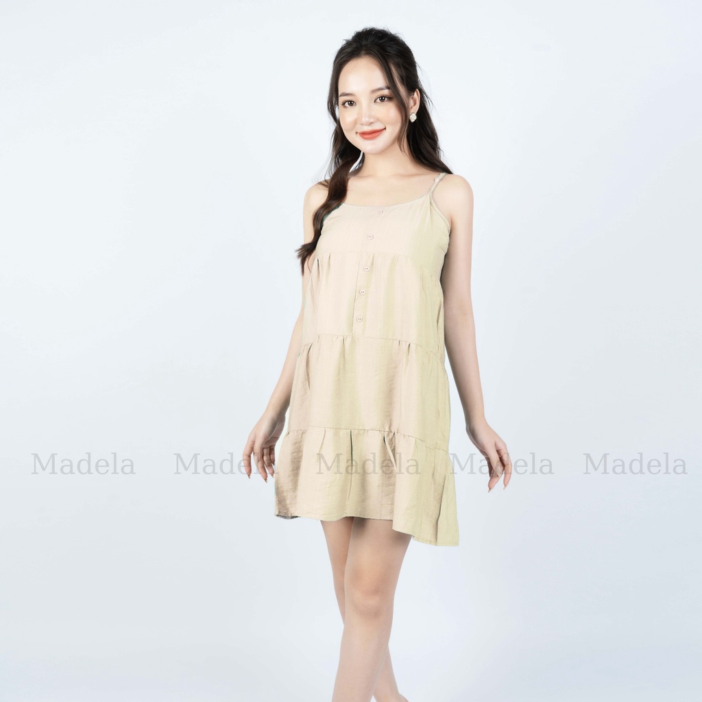 Váy đầm ngủ 2 hai dây mặc nhà sexy Madela Đũi Lụa Tơ Hàn, Đầm 2 dây dáng suông giả 4 tầng -  VDD02