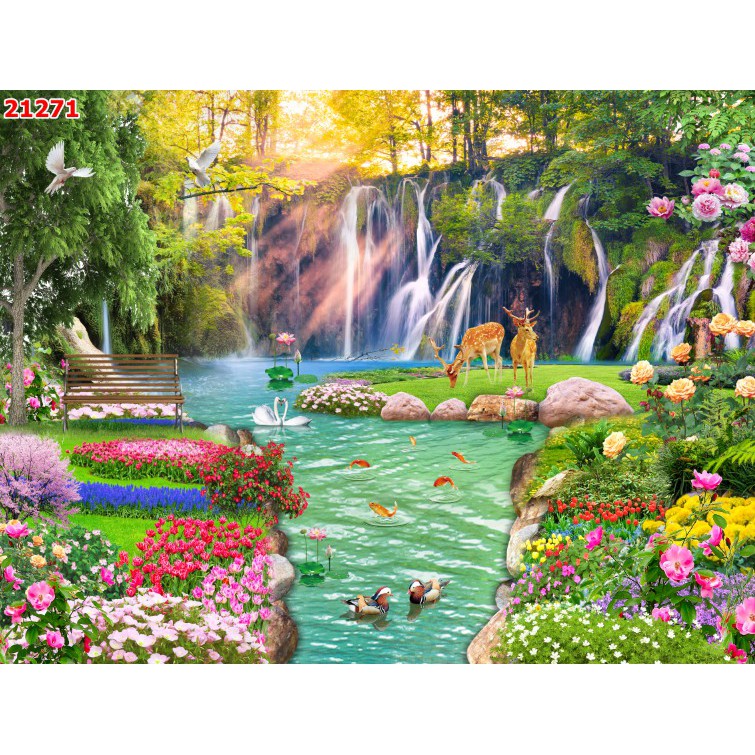 Tranh dán tường 3d phong cảnh thiên nhiên trang trí phòng khách chất liệu decal pp keo sẵn bóc dán atk25