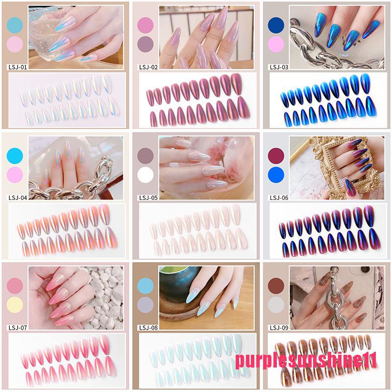 24pcs Aurora False Nails French nail tips Press On Fake Nails Pointed Exte