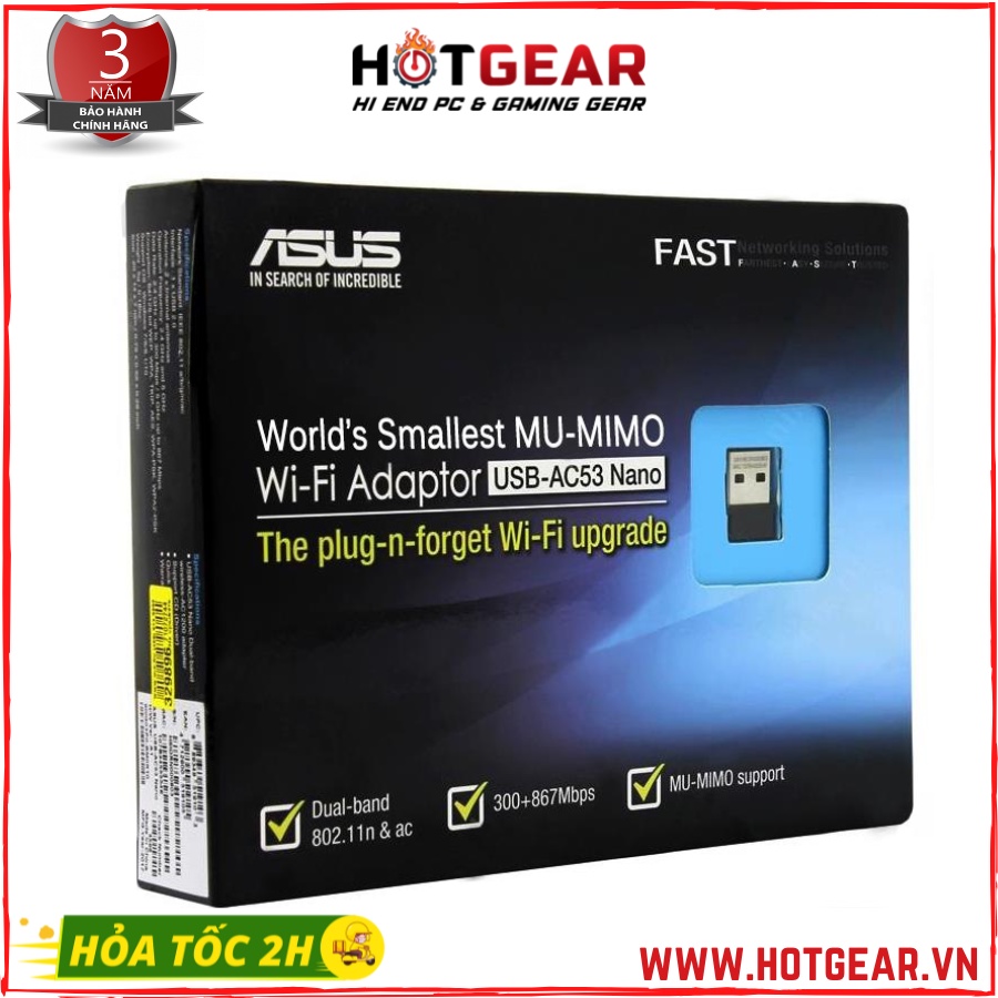USB THU SÓNG WIFI ASUS USB-AC53 Nano Hai băng tần chuẩn AC1200Mbps usb AC53 chính hãng ASUS VN