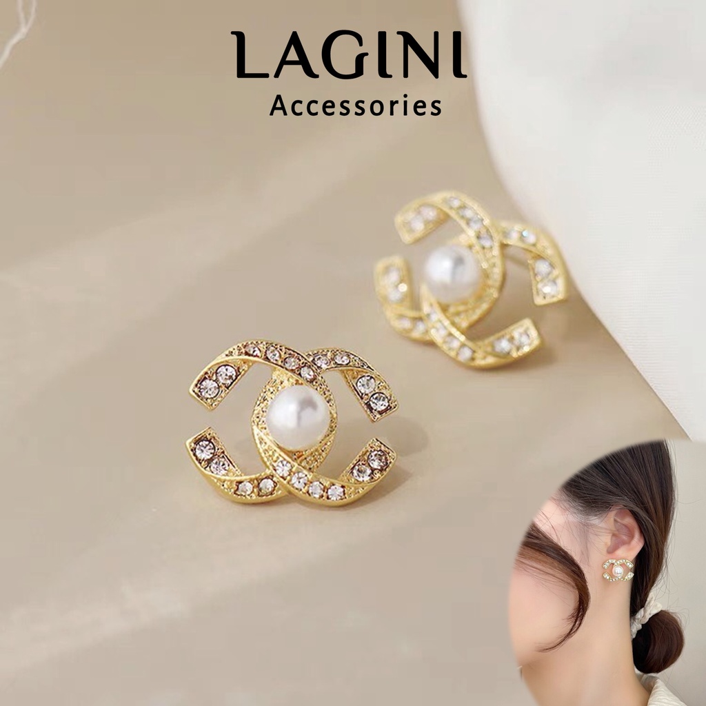 Khuyên tai bông tai chuôi bạc 925 Lagini hình chữ x đính đá và ngọc chai sang chảnh quý phải dành cho nữ hàn quốc