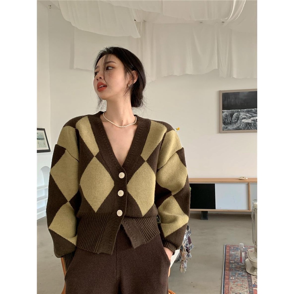 Áo Khoác Cardigan Dệt Kim Dày Dáng Rộng Cổ Chữ V Sọc Ca Rô Tương Phản Thời Trang 2022 Cho Nữ