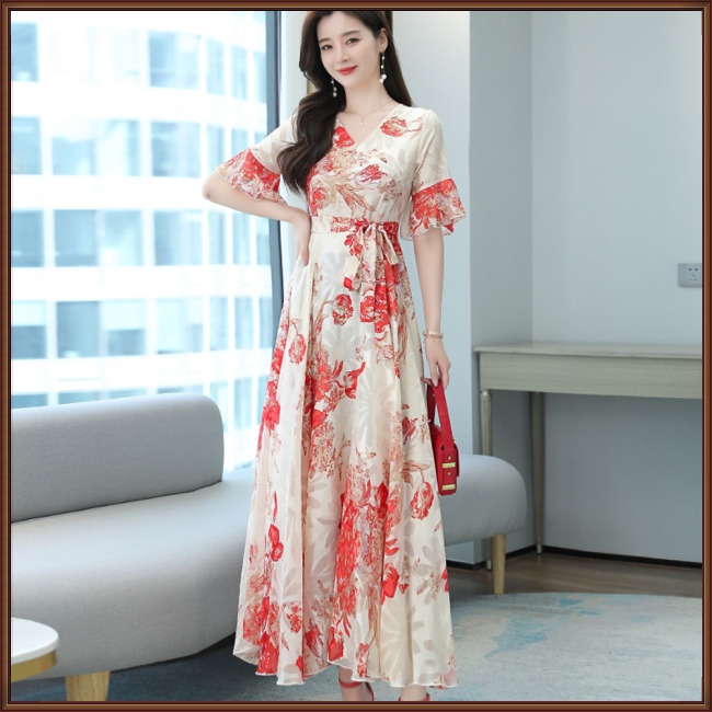 Đầm Dài Cổ Chữ V Tay Ngắn Họa Tiết Hoa Thời Trang Cho Nữ