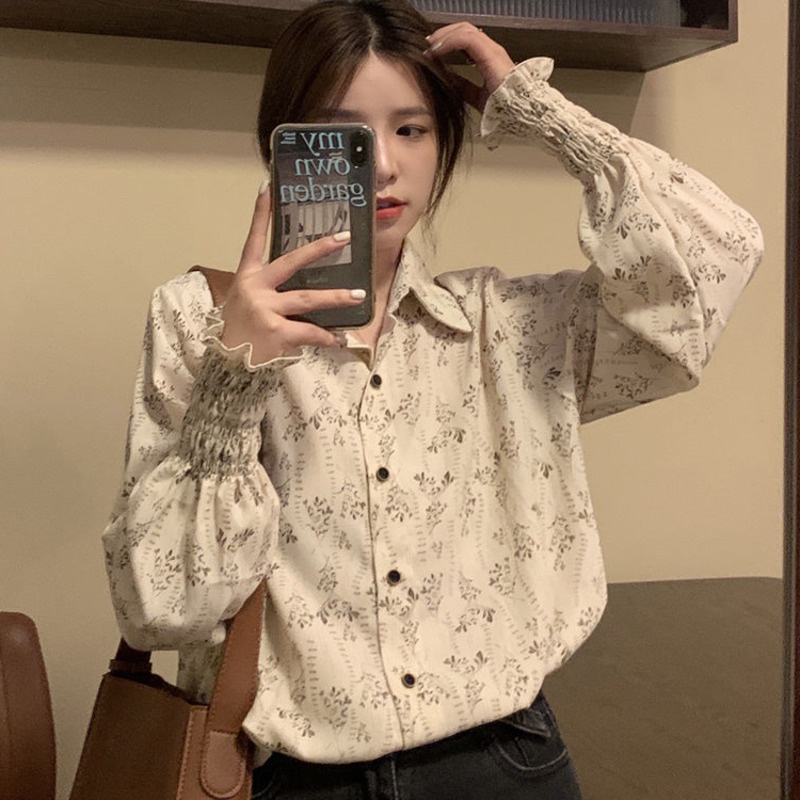 Áo Sơ Mi Dài Tay In Hoa Thời Trang 152058 Áo Sơ Mi Khoác Ngoài Phong Cách Retro Hàn Quốc Hợp Thời Trang
