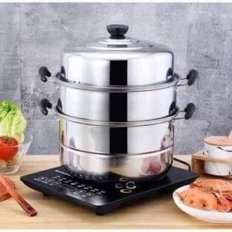nồi hấp inox 3 tầng siêu tiện dụng vừa hấp vừa nấu size 28