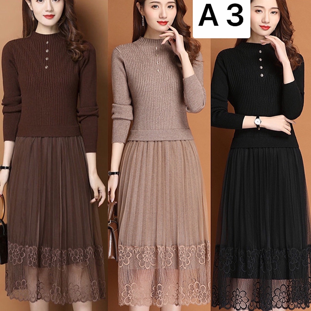 VÁY LEN QUẢNG CHÂU DÁNG DÀI, THẮT EO, CỔ TRÒN, DÀI TAY