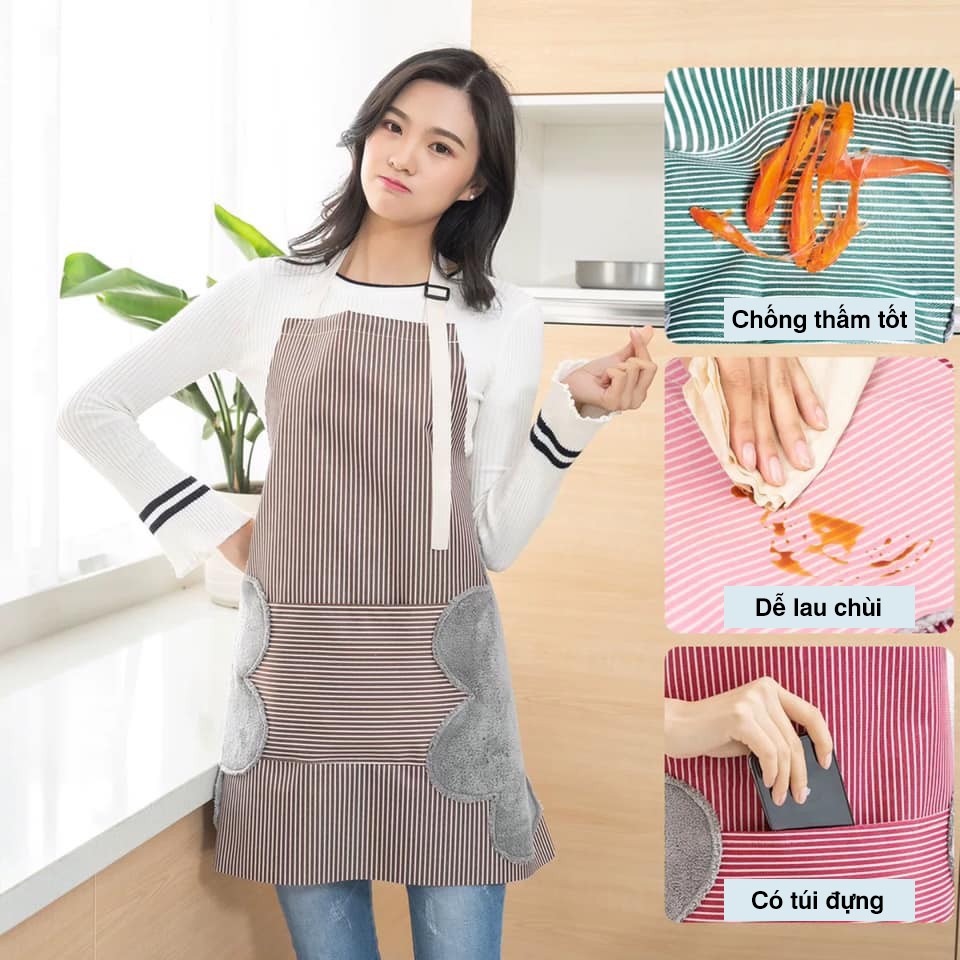 Tạp dề nấu ăn không thấm nước có túi trước bụng đựng đồ và khăn lau hai bên hông - GD158