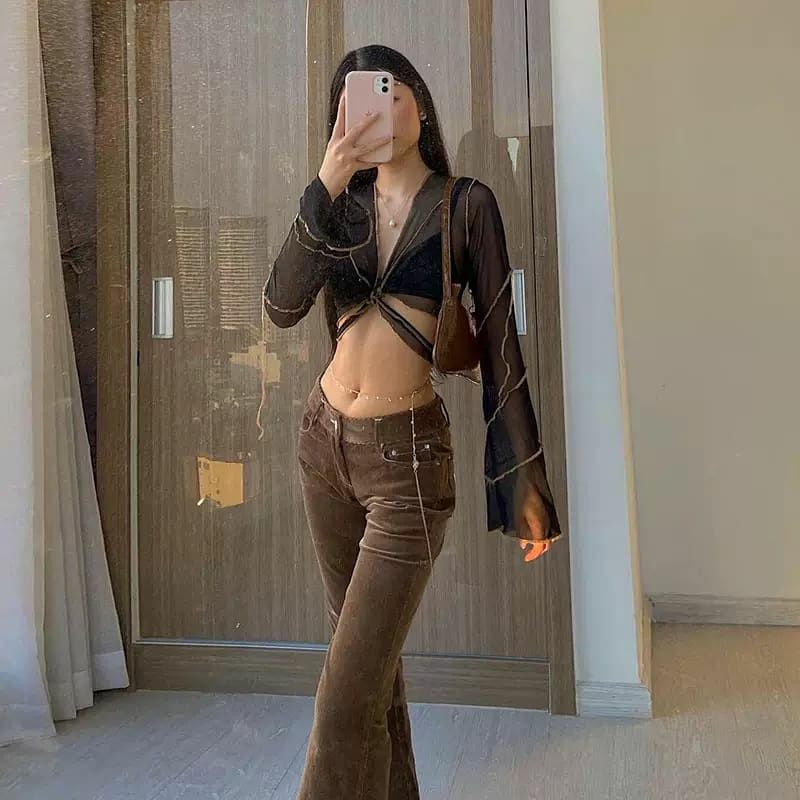 ÁO CROPTOP TAY DÀI LOE BUỘC EO VẢI LƯỚI REN LƯỚI SEXY / ÁO CARDIGAN LƯỚI MÀU ĐEN SIÊU SA