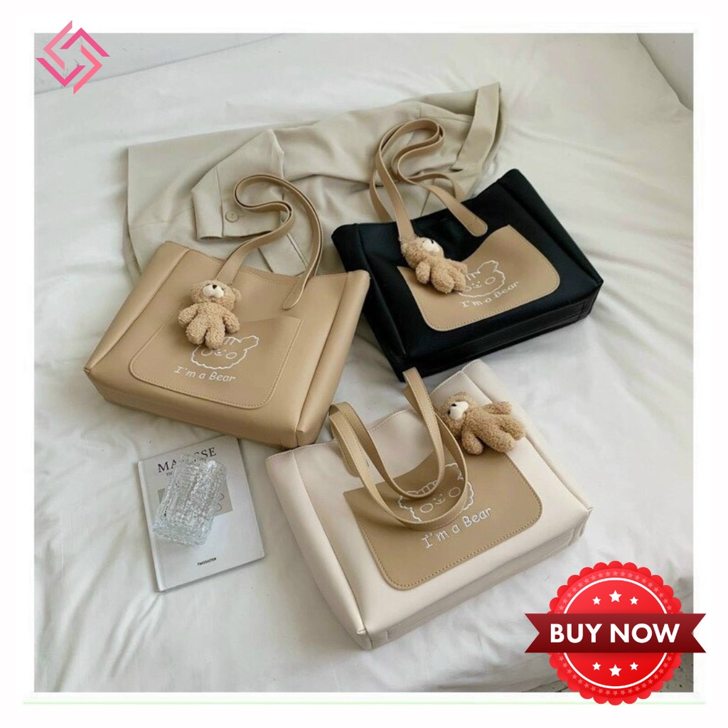 Túi tote da đeo vai nữ vừa sách vở A4 túi xách nữ to cao cấp đẹp kèm phụ kiện gấu LUCIA STORE TXN66