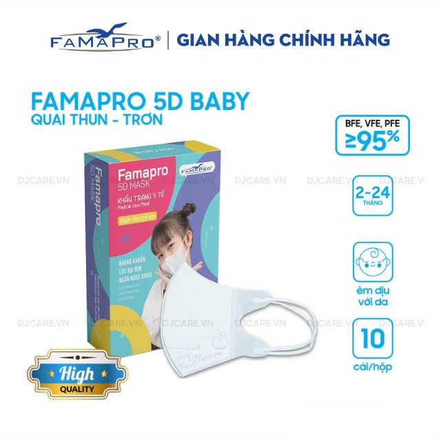 [HỘP-10 CÁI-QUAI THUN] Khẩu trang y tế trẻ em kháng khuẩn 3 lớp Famapro 5D BABY TRƠN