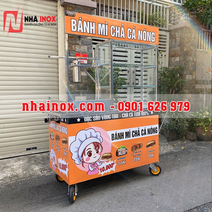 Xe bánh mì chả cá không mái 1m2x60x1m77