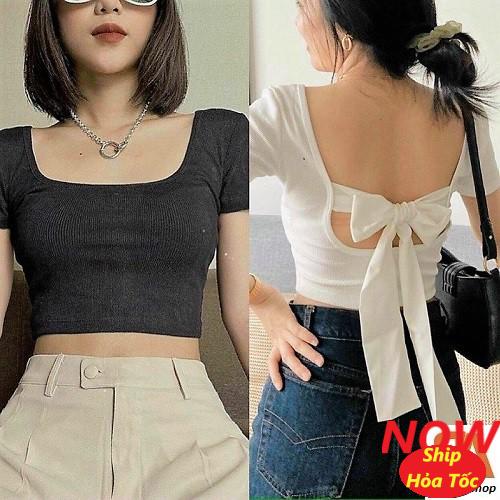 Áo croptop cổ vuông tay ngắn cột dây hở lưng chất vải thun 4 chiều Free Size dưới 53kg dành cho nữ