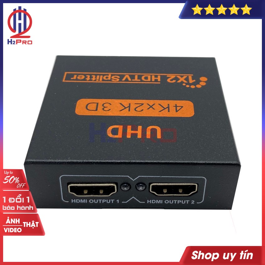 Bộ Chia HDMI Splitter 1 ra 2 H2pro cao cấp chuẩn 4K-3D-chất lượng cao chuẩn đầu vào, hàng hãng (tặng củ sạc 5V-1A 50k)