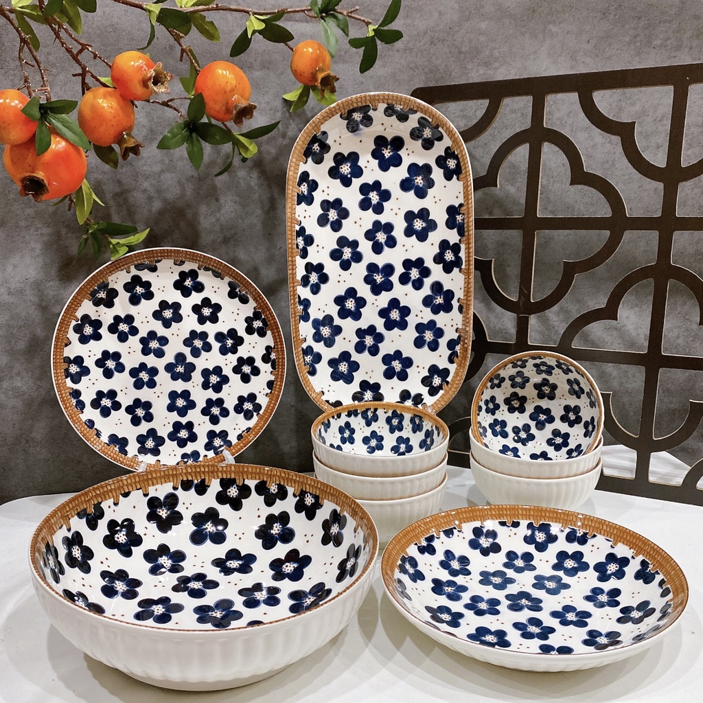 Set bát đĩa, bộ đồ ăn 10 món gốm sứ cao cấp họa tiết viền mây Nhật