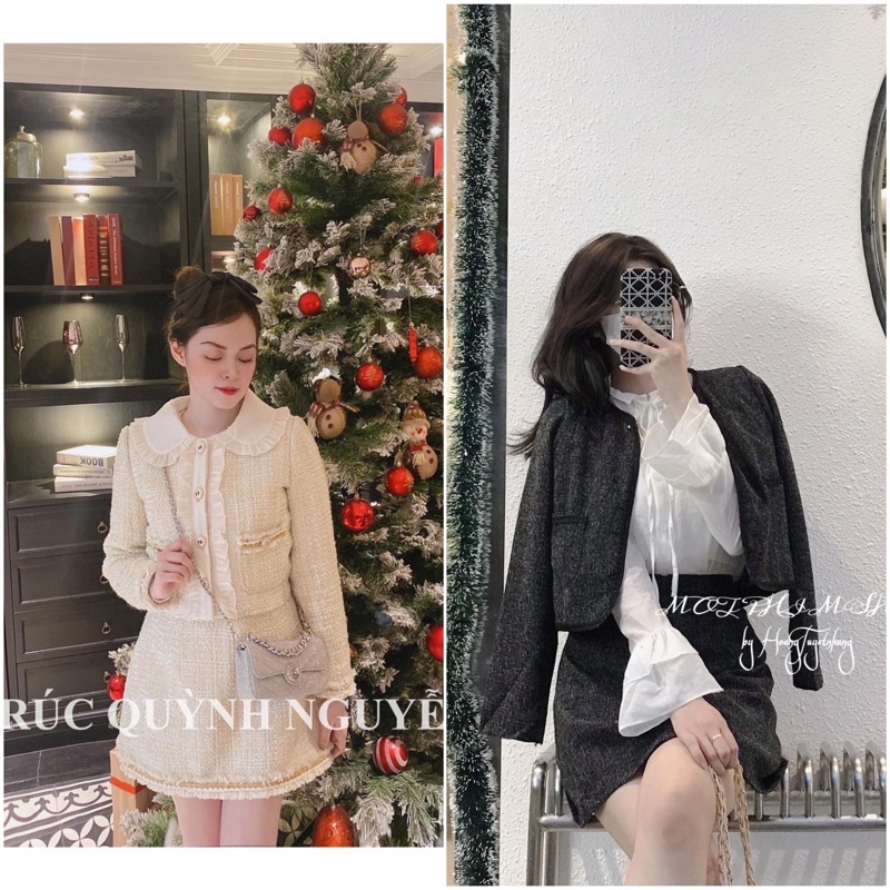 SET BỐ 3 MÓN DẠ: KHOAC DẠ + SƠ MI TRẮNG CỔ BÈO TAY LOE + CHÂN VÁY 🖤