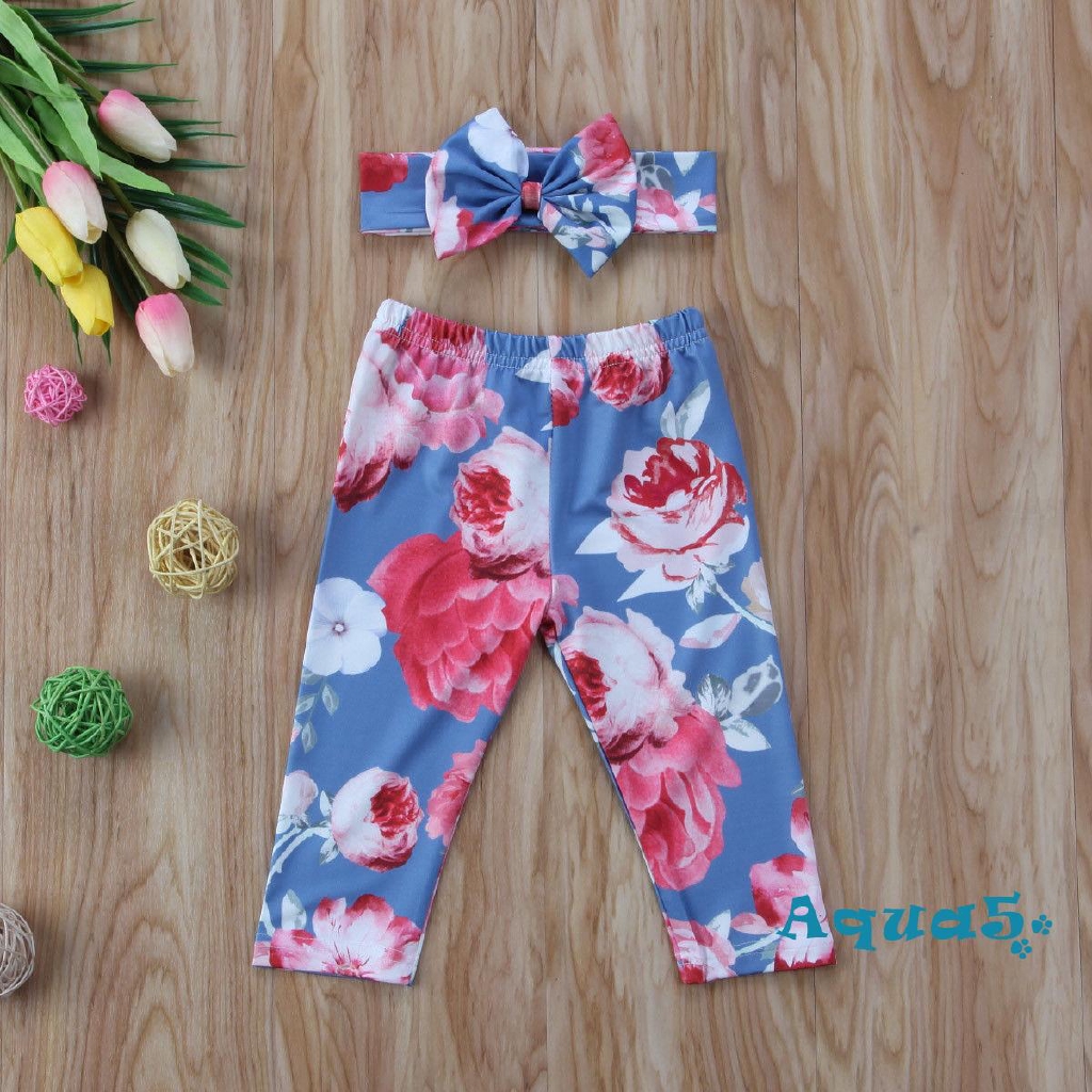 Quần legging họa tiết hoa kèm băng đô nơ xinh xắn dành cho bé gái