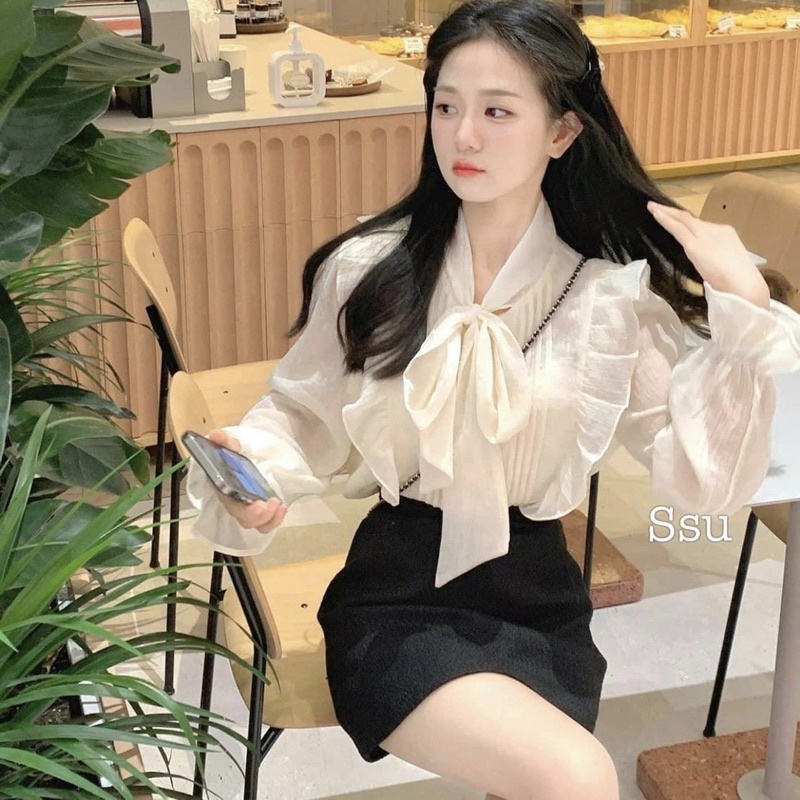 Set Áo Sơmi Nơ Mix Chân Váy Chữ A 2 Màu Siêu Xinh Có Ảnh Thật