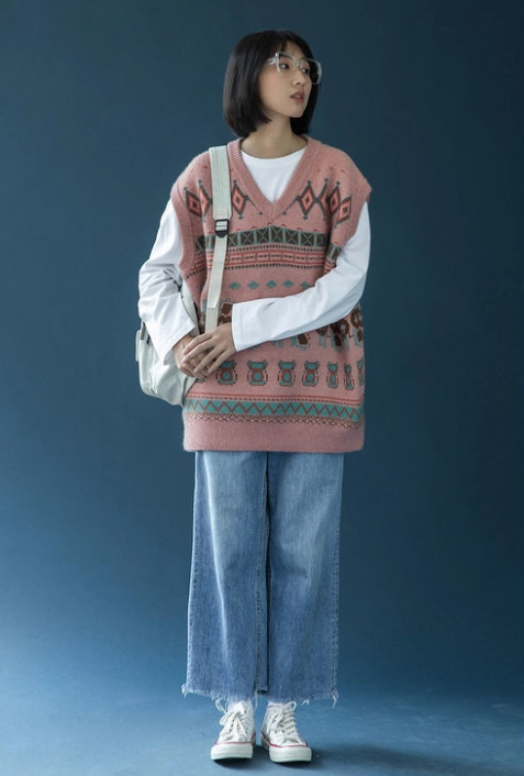 Áo gile len cổ chữ V dáng rộng phong cách retro | BigBuy360 - bigbuy360.vn