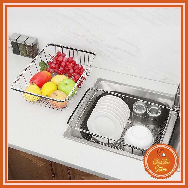 Kệ Inox co giãn gác bồn rửa chén đựng bát đĩa tiện lợi - Giá đựng hoa quả đa năng, hữu ích_CC888