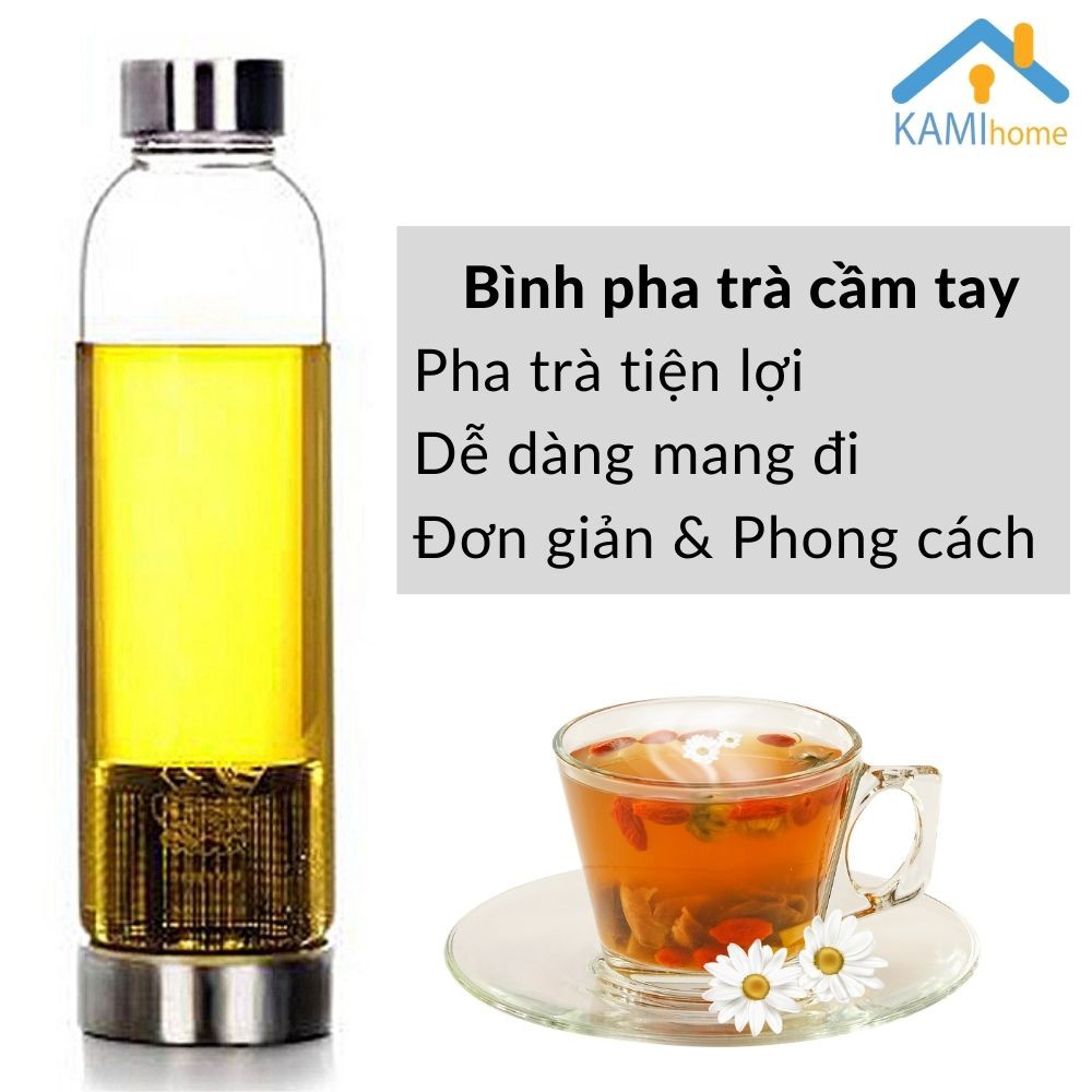 Bình nước thủy tinh pha trà hoa có lõi lọc inox 450ml cầm tay mang theo người Mã22044