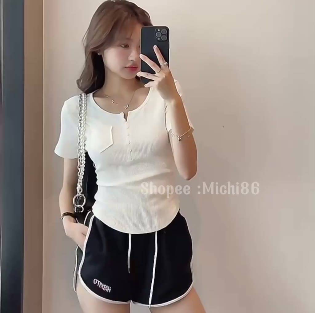 Áo thun nữ tay ngắn túi ngực đuôi tôm Michi,áo len tăm tay ngắn vạt bầu | BigBuy360 - bigbuy360.vn