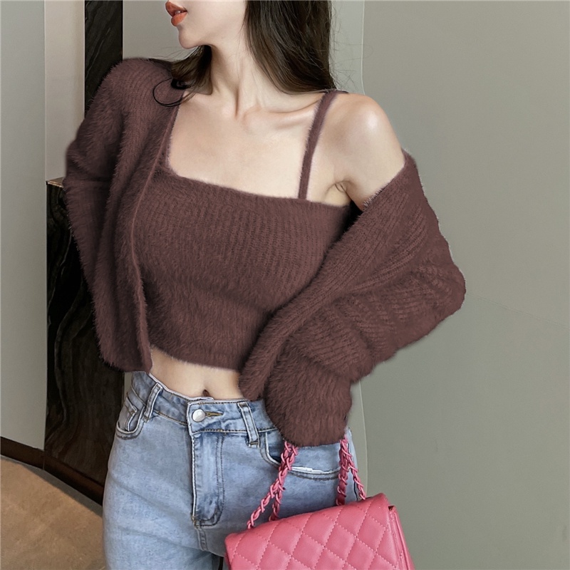 QKOOLE  Set áo khoác cardigan ngắn + áo sát nách phong cách Hàn Quốc cho nữ