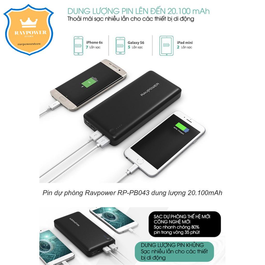 Sạc dự phòng RAVPower RP-PB043 20100mAh QC 3.0 18W & USB-C 5V/3A (In/Out)-Thương hiệu USA- HÀNG CHÍNH HÃNG