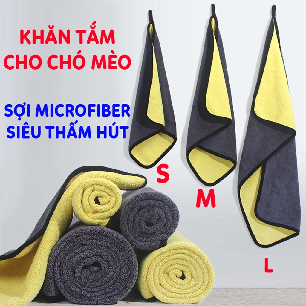 Khăn tắm cho chó mèo vải Microfiber mặt vàng mặt xám giá rẻ thấm hút tốt cỡ 30x30, 60x30cm Petoka