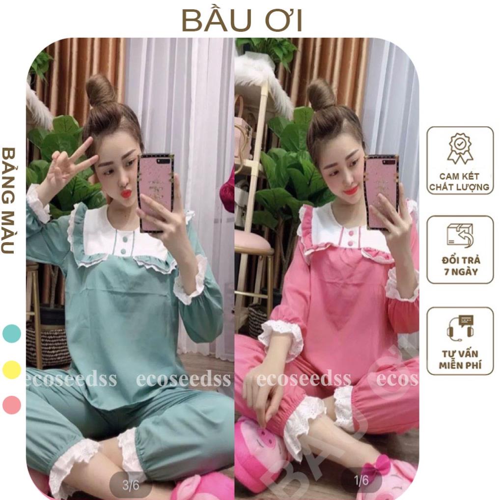 BỘ QUẦN ÁO BẦU DÀI TAY MẶC NHÀ TRƯỚC VÀ SAU SINH KIỂU DÁNG TIỂU THƯ CÓ KHÓA CHO CON BÚ, CHẤT LỤA ĐŨI SIÊU