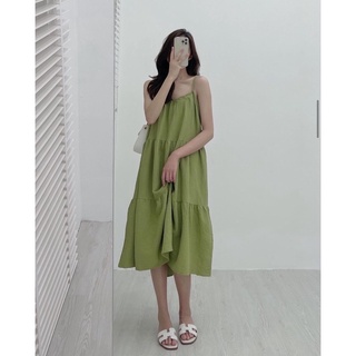 Váy babydoll hai dây dáng dài chất đũi chữ A , Đầm suông dáng xòe Vintage