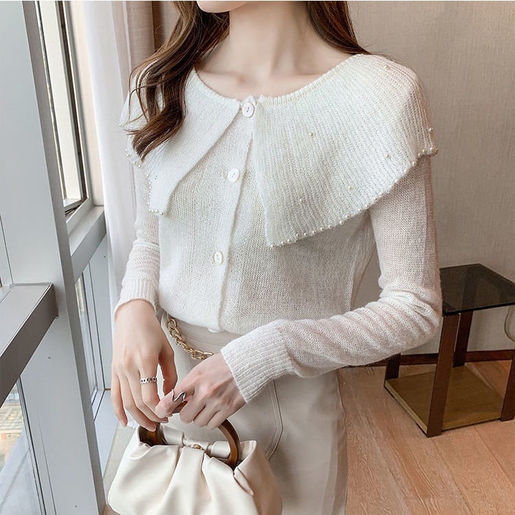 Áo Sweater Dệt Kim Tay Dài Cổ Búp Bê Đính Hạt Dễ Thương Cho Nữ  tao bao