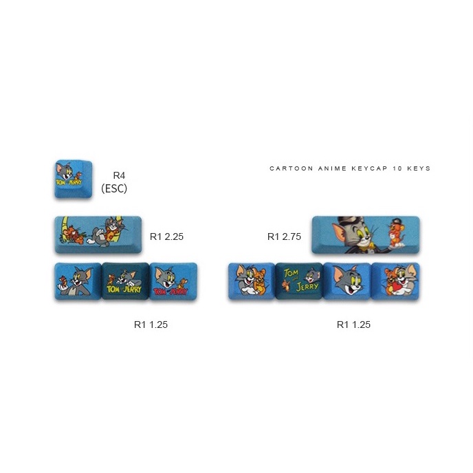 Set keycap nút phím cơ modifier PBT in hình 10 nút doraemon, tom jerry