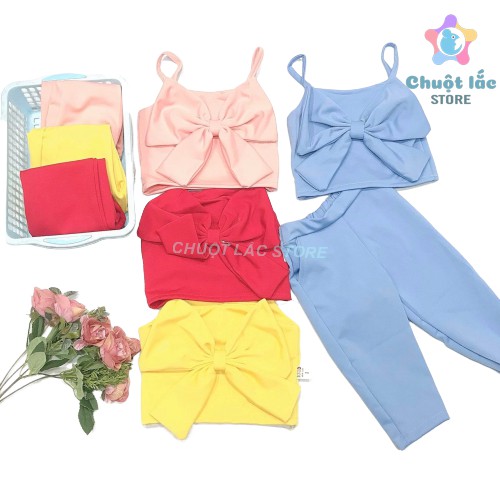 Set bộ quần áo bé gái siêu xinh áo croptop nơ to và quần ôm cho bé từ 7kg đến 20kg (màu hồng, xanh, đỏ, vàng)