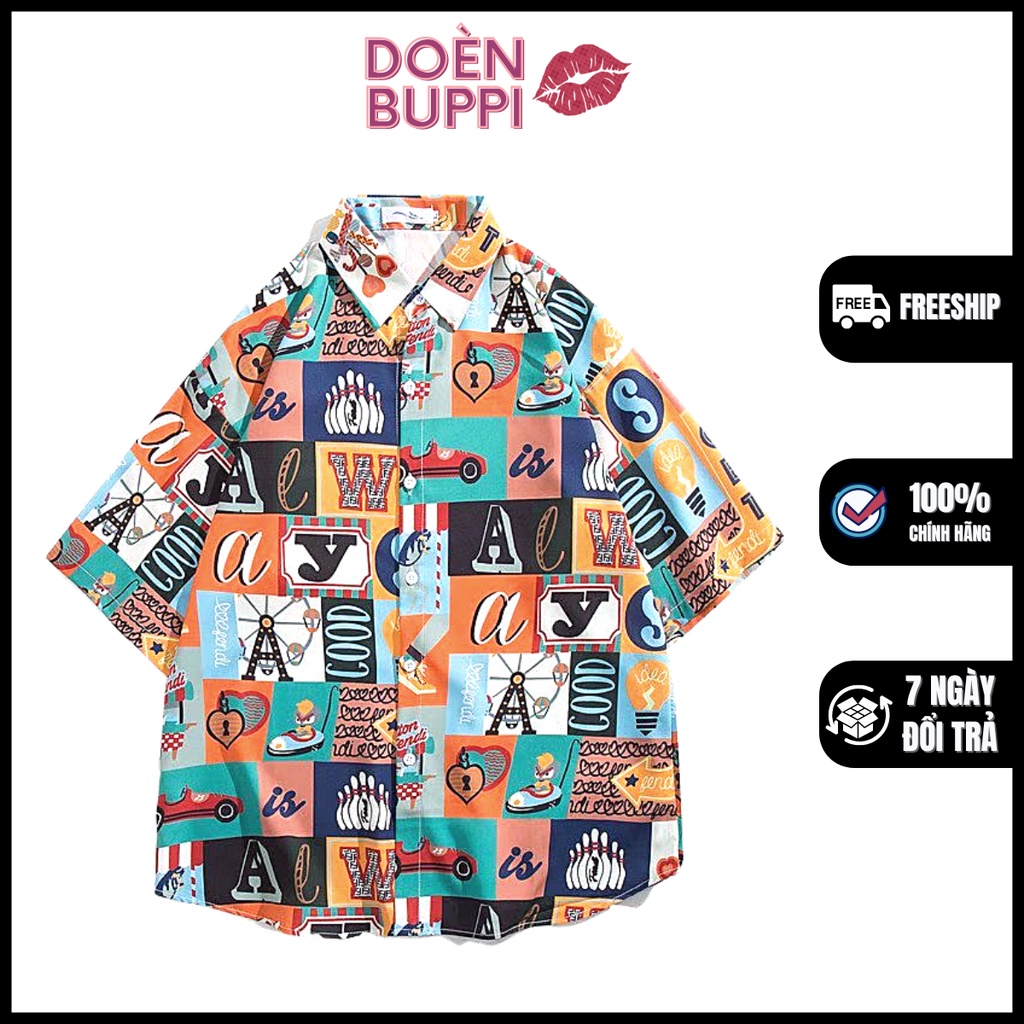 Áo sơ mi ngắn tay unisex nam nữ, cổ đứng, vải lụa lạnh nhập khẩu thoáng mát, CAM hoạ tiết ĐỘC LẠ - DOÈNBUPPI Shirt