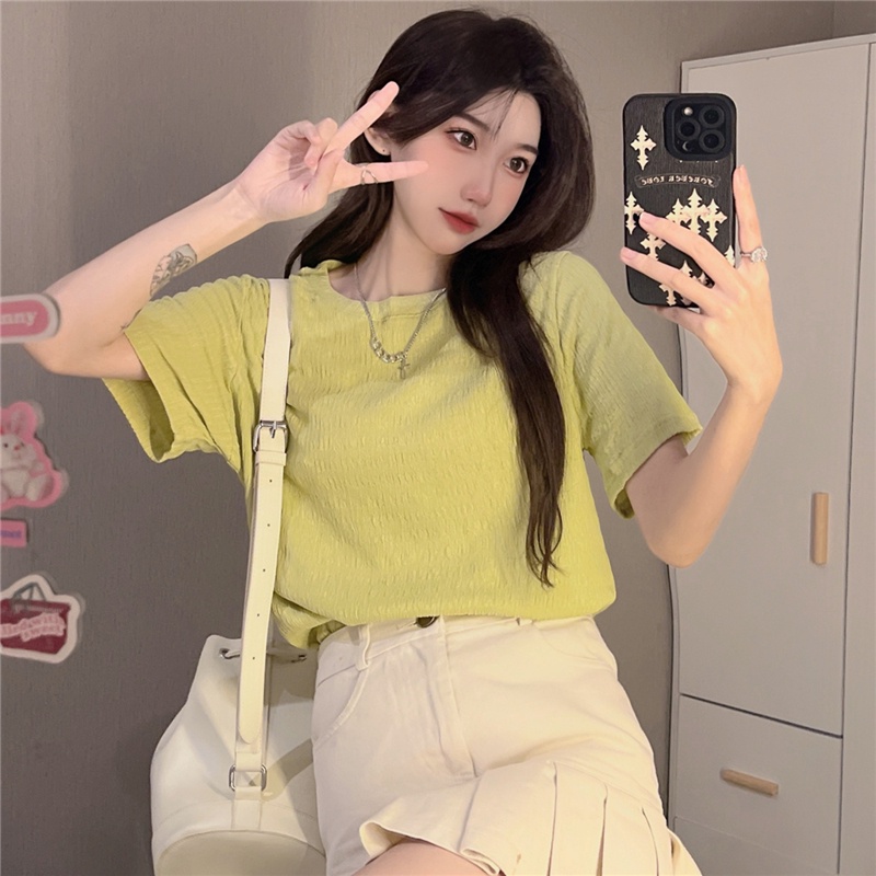 Áo thun SUXI cổ tròn ngắn tay màu trơn đơn giản cho nữ